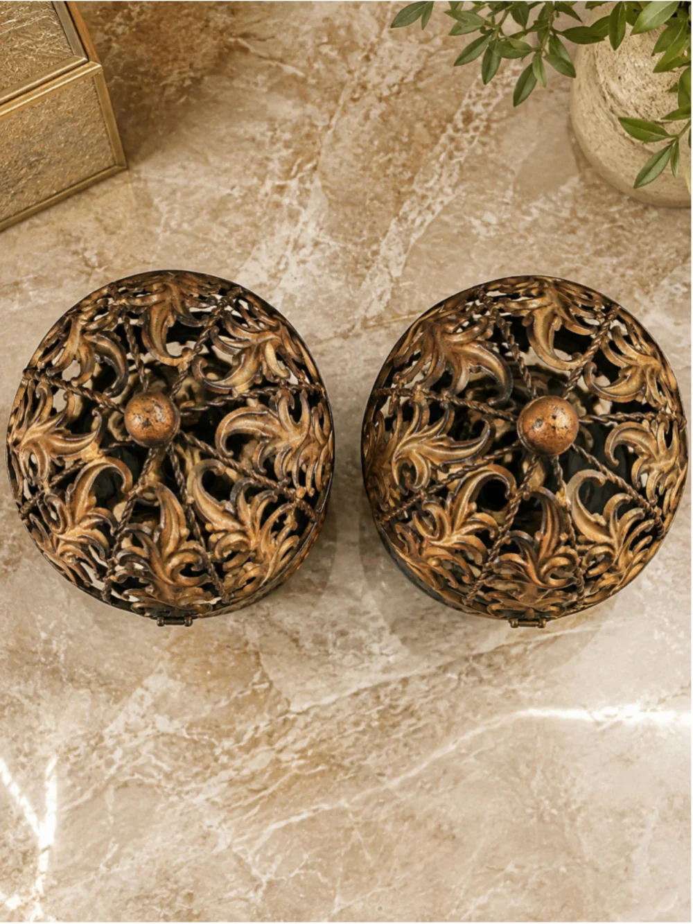 Copper-Finish Filigree Globe Candle Holder Set